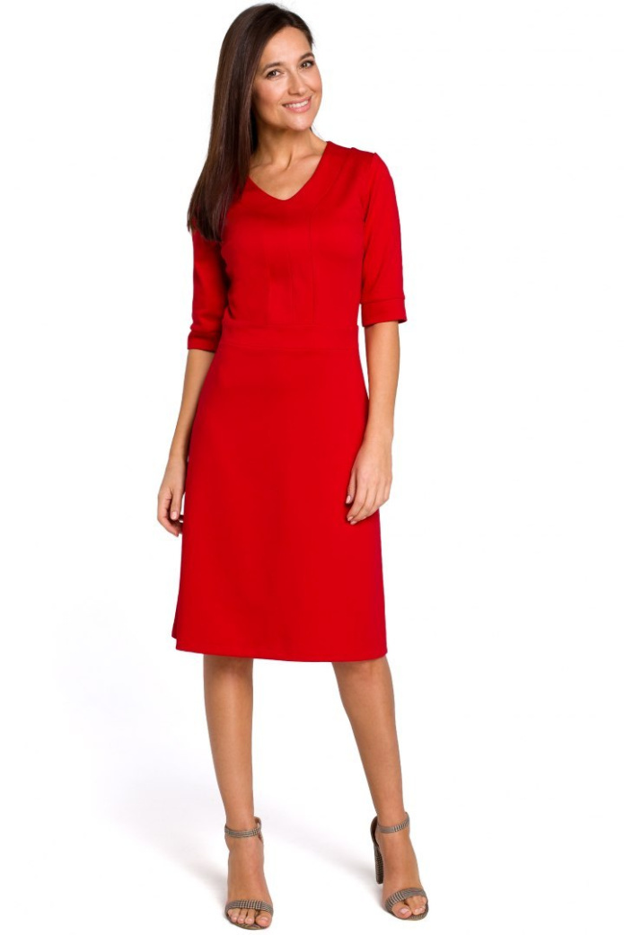 Sukienka Midi - Z Krótkim Rękawem Fason A - czerwona